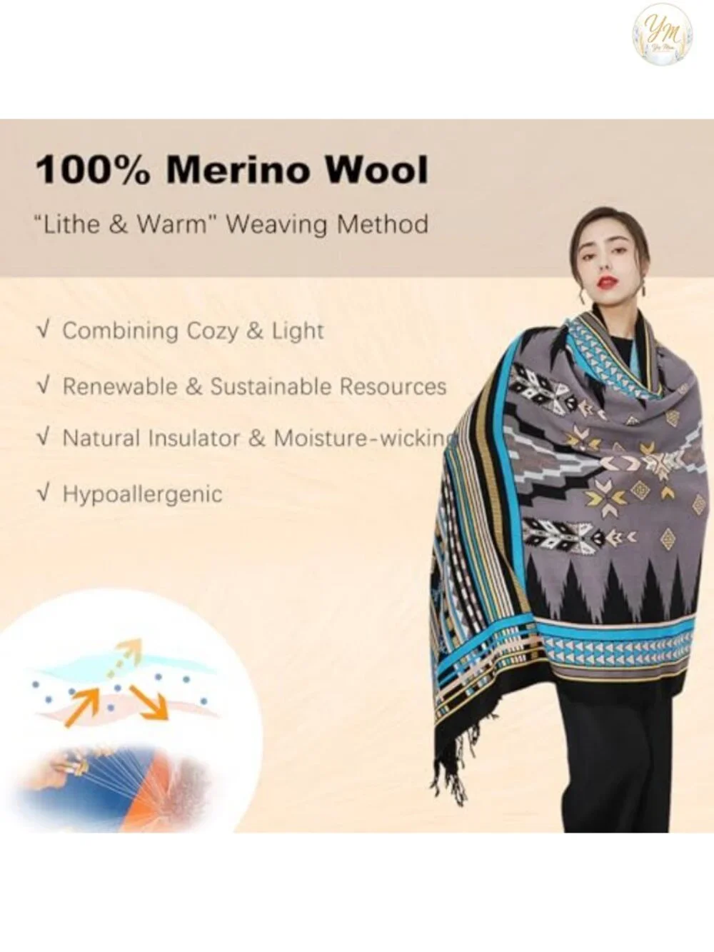 100% Merino Wool Pashmina Shawl for Women Extra Large Wrap